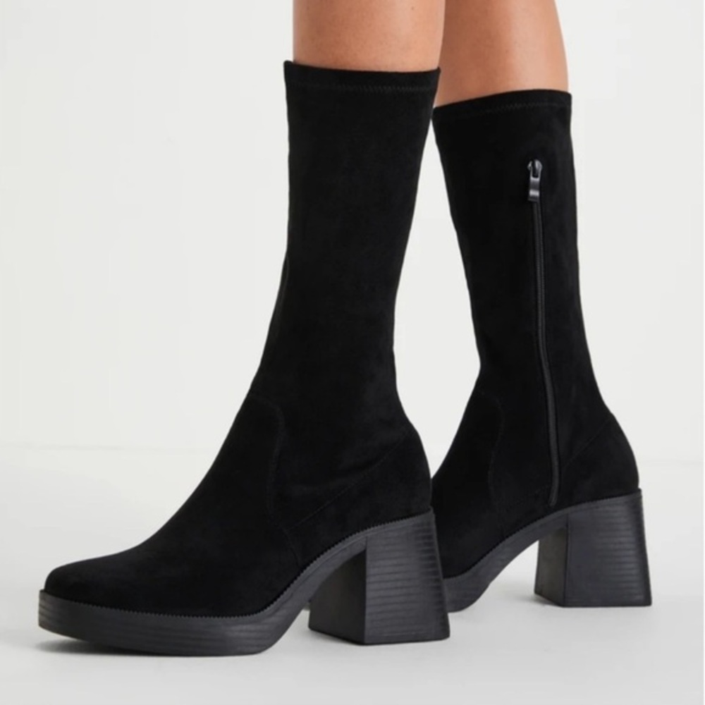 NWT Lulus Amoire Black Suede Platform Mid-Calf Boots Chunky Size 10
